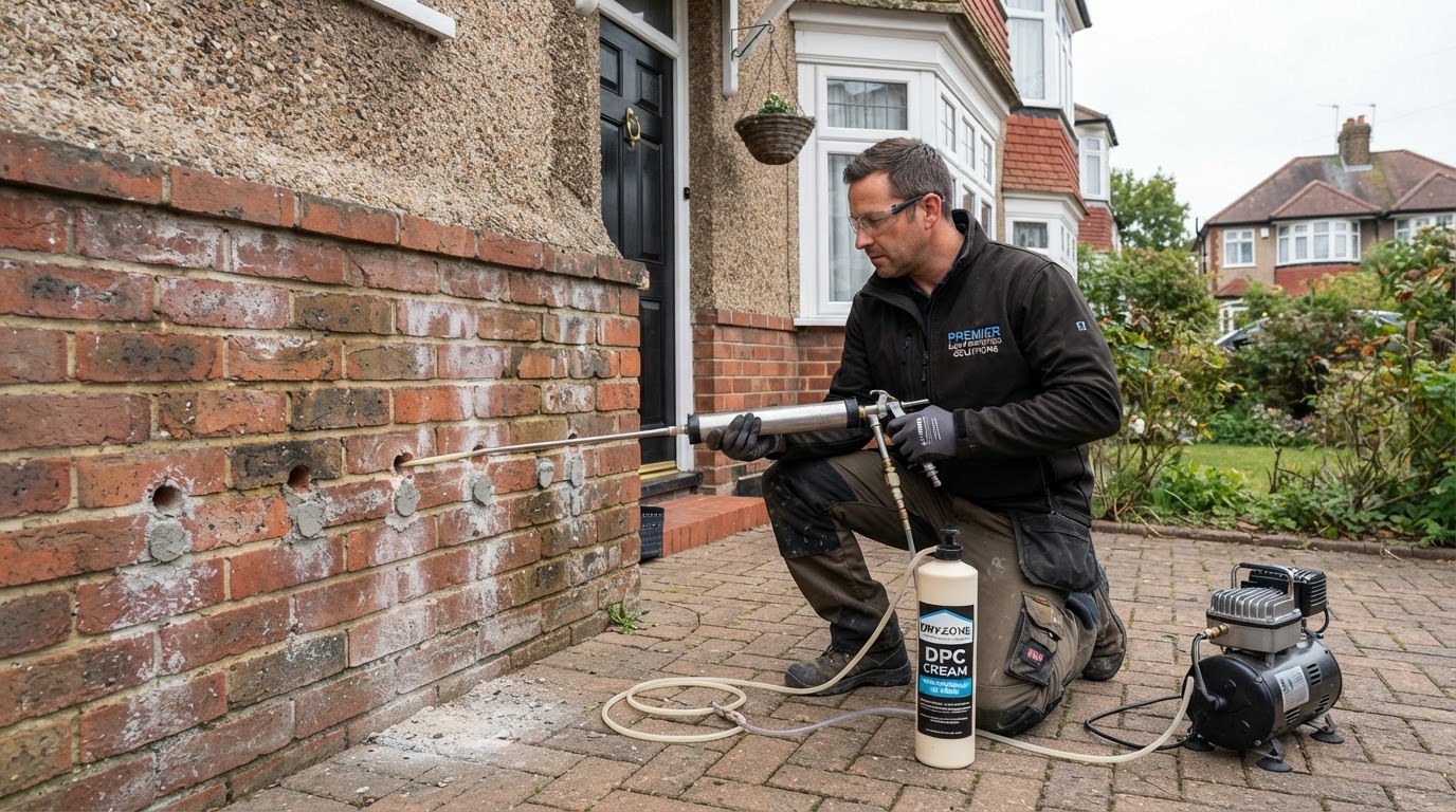 DPC cream being injected into drilled holes along the mortar line of a brick wall